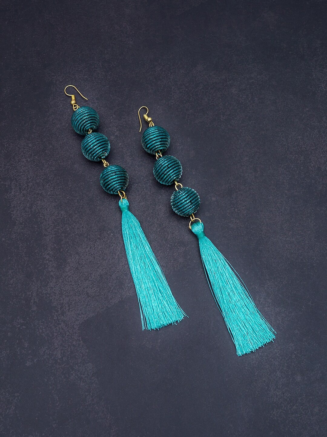 

Golden Peacock Green Contemporary Tasseled Drop Earrings