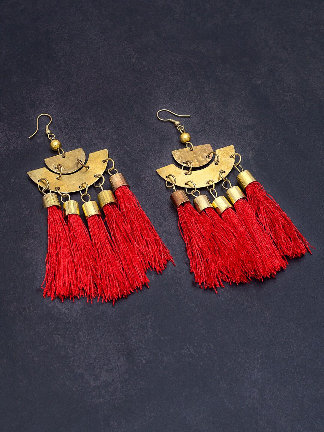 

Golden Peacock Red Crescent Shaped Tasselled Drop Earrings