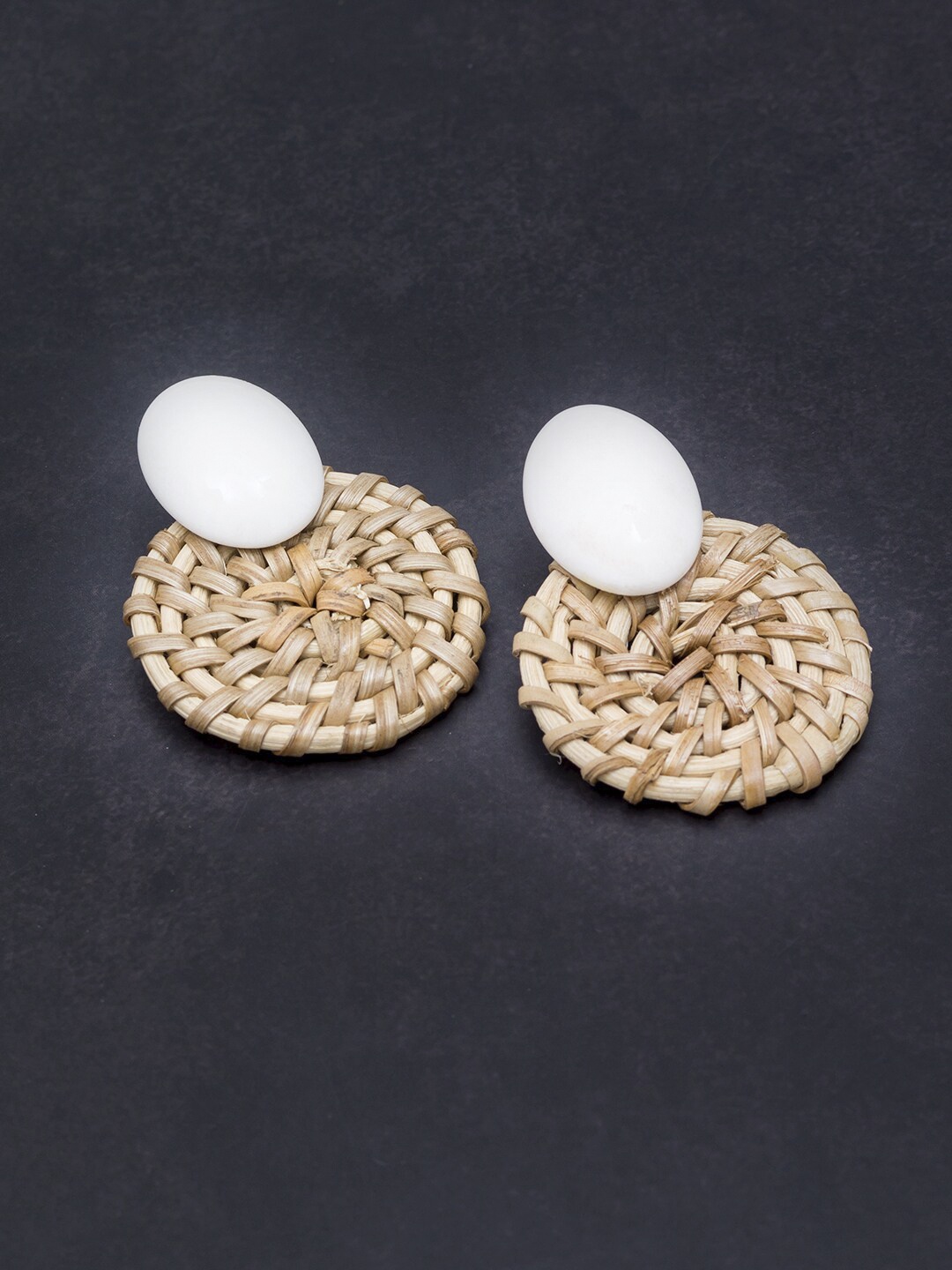 

Golden Peacock White & Brown Woven Design Circular Stud Earrings