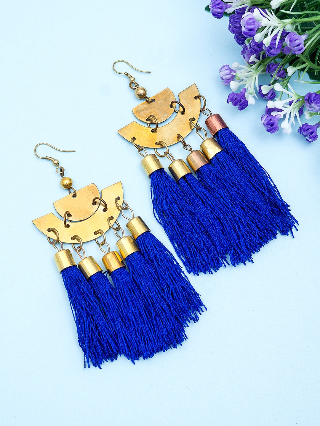 

Golden Peacock Blue Gold-Plated Crescent Shaped Tasselled Drop Earrings