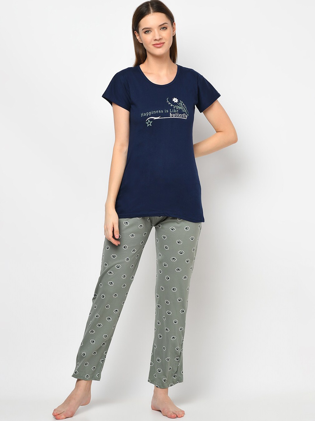 

TRUNDZ Women Navy Blue & Grey Printed Night suit