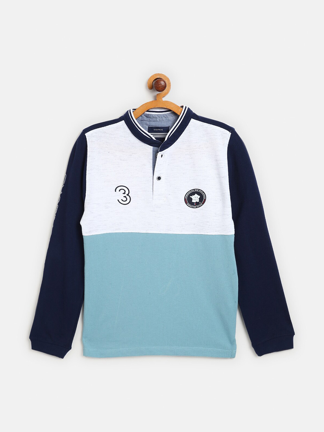 

Octave Boys Blue & White Colourblocked Mandarin Collar T-shirt