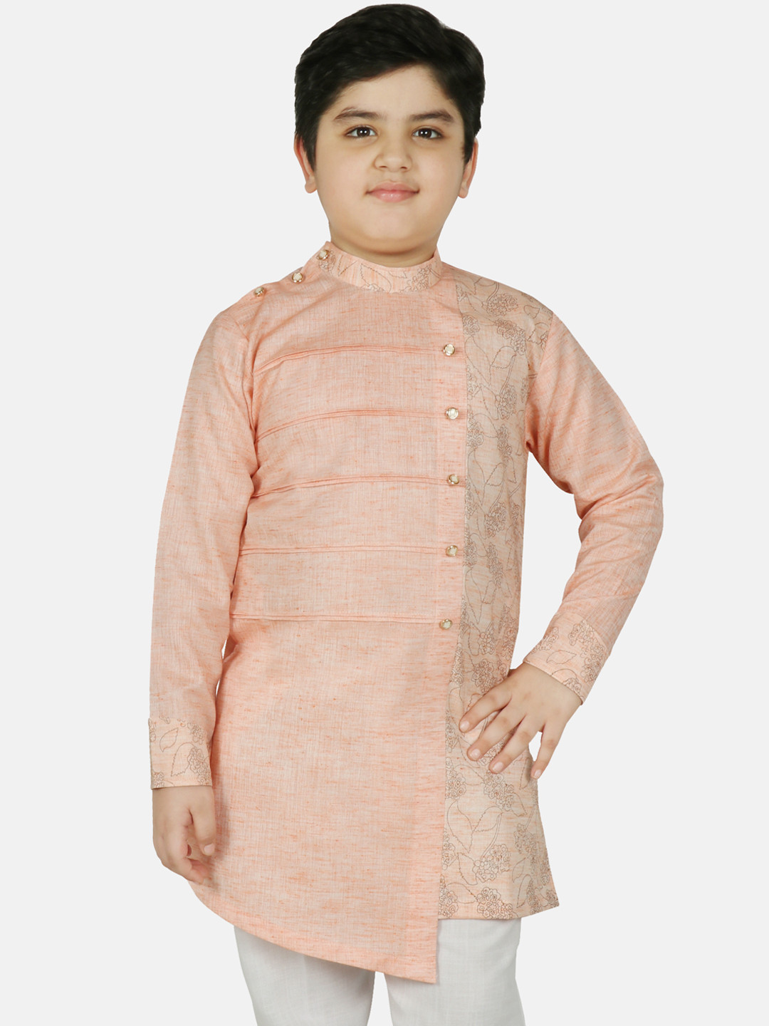 

SG YUVRAJ Boys Peach-Coloured Floral Printed Thread Work Kurta