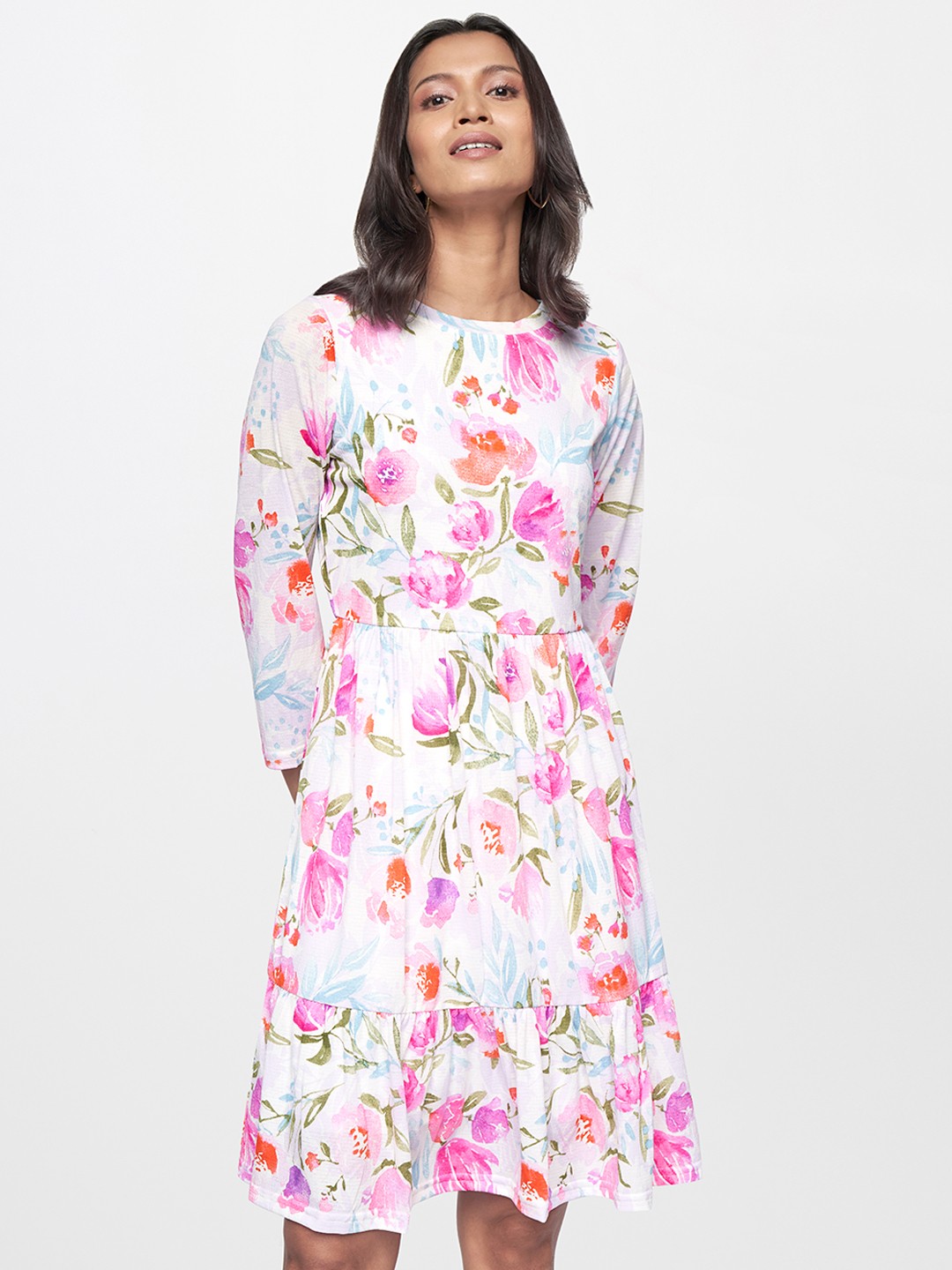 

AND Women White & Purple Floral Print A-Line Dress