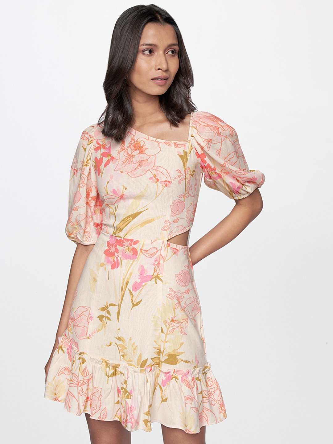 

AND Cream-Coloured & Pink Floral A-Line Dress
