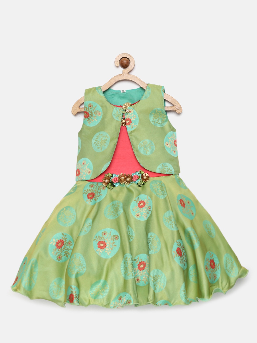

Enfance Green & Red Floral Net Ethnic Dress