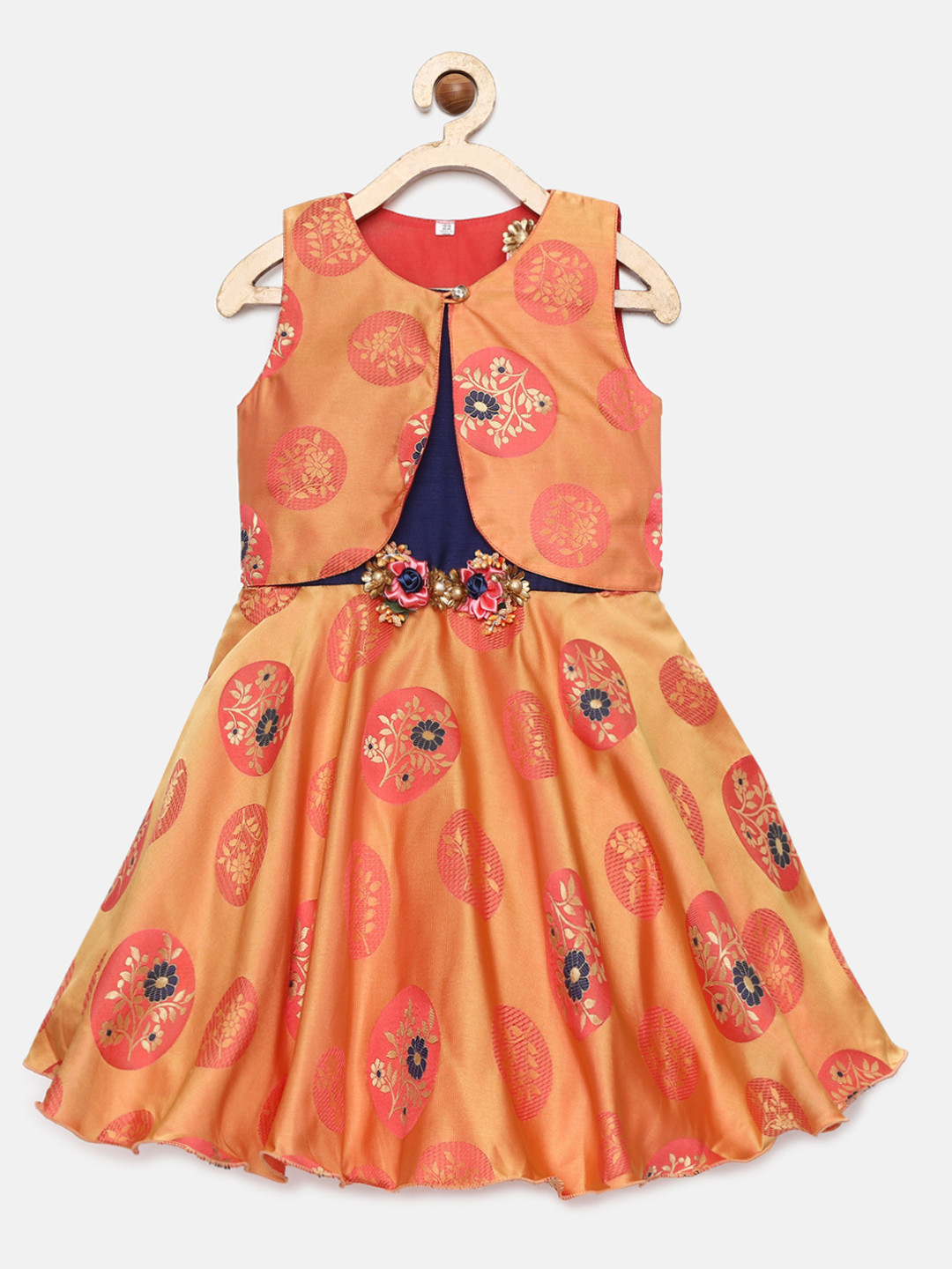 

Enfance Red & Navy Blue Floral Net Ethnic Dress