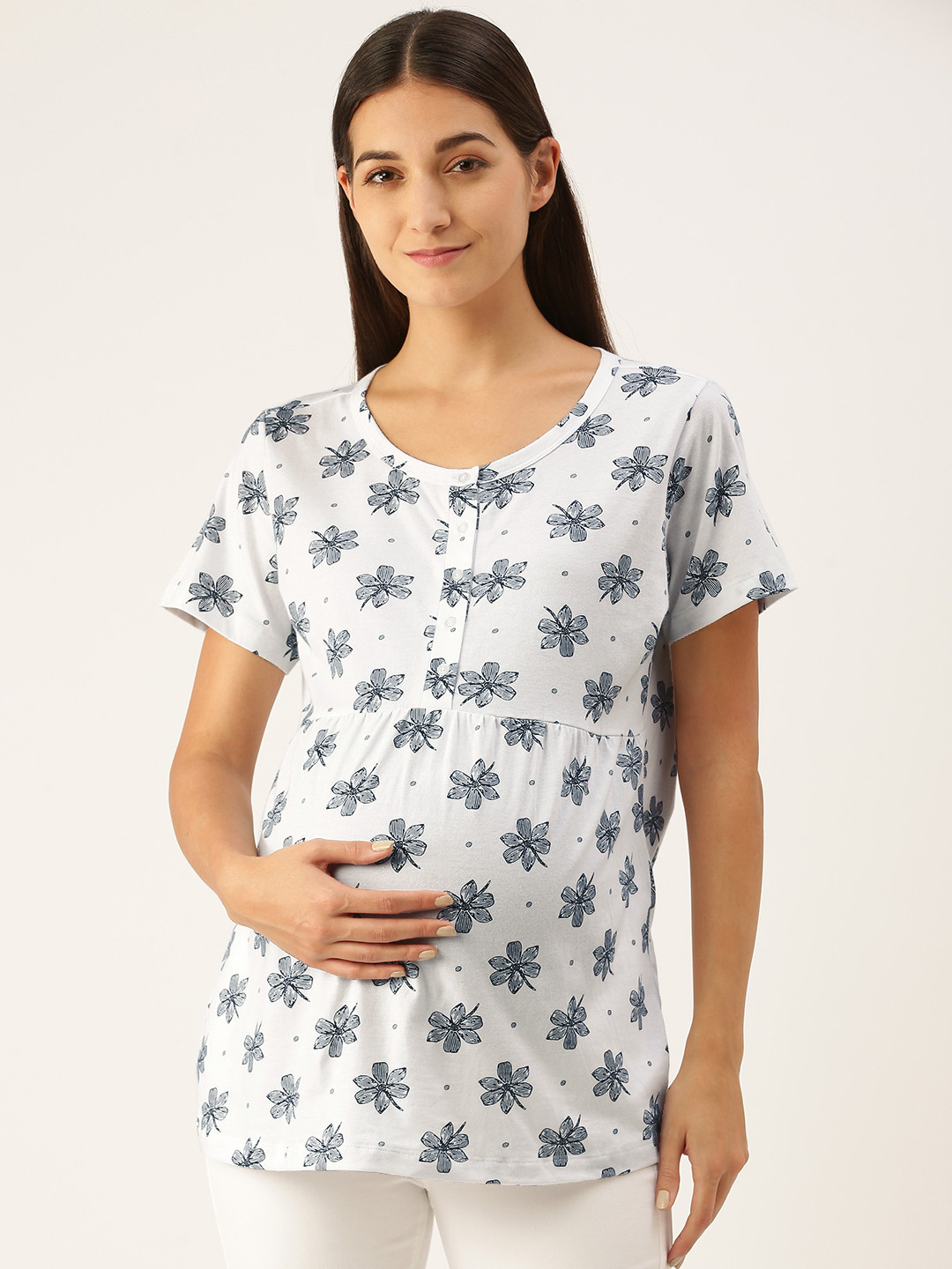 

Nejo White & Navy Blue Floral Pure Cotton Maternity Sleep Top