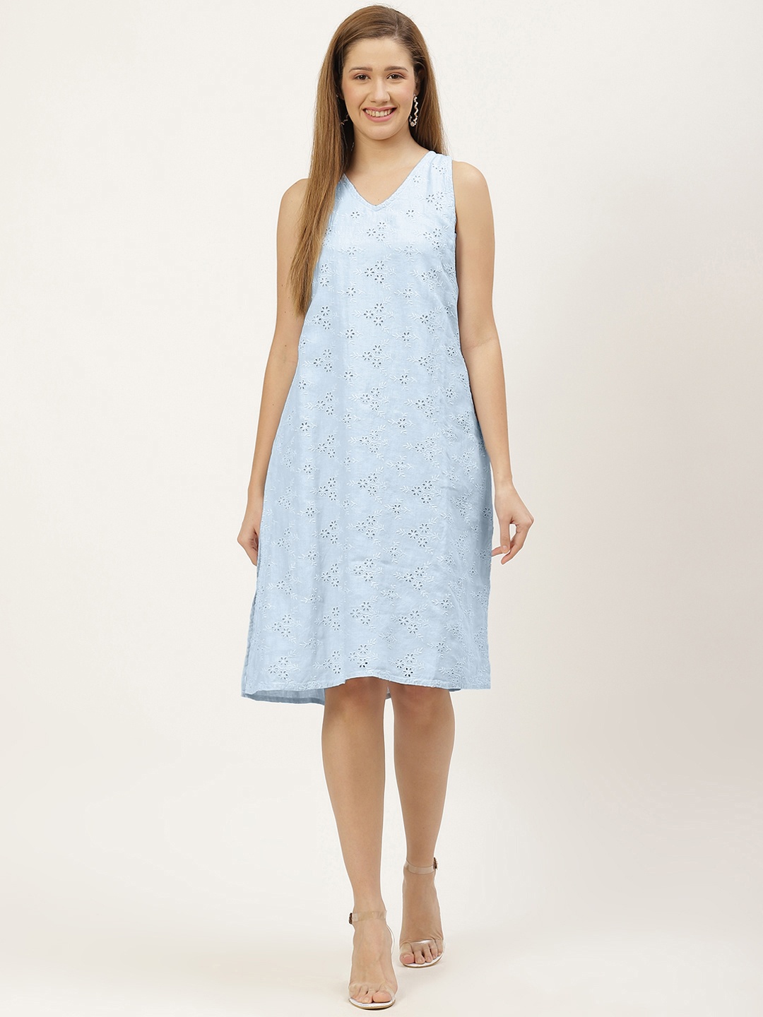 

Reistor Blue Hemp Floral Schiffli Embroidered Stolen Sunsets A-Line Dress