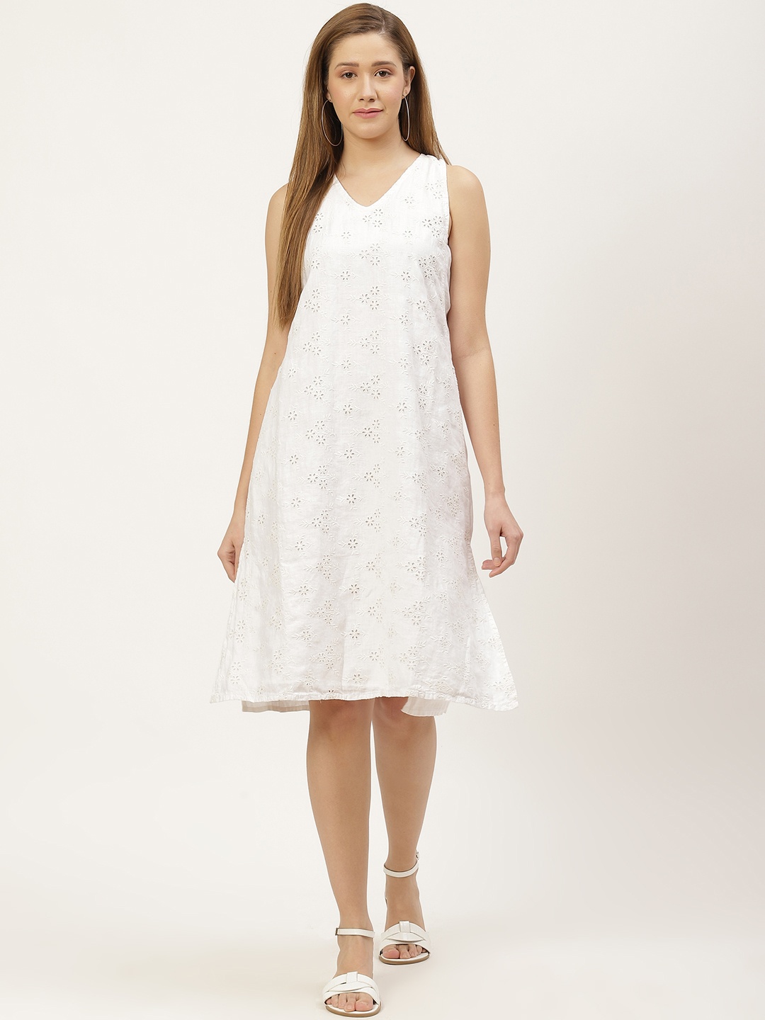 

Reistor White Hemp Floral Schiffli Embroidered Stolen Sunsets A-Line Dress
