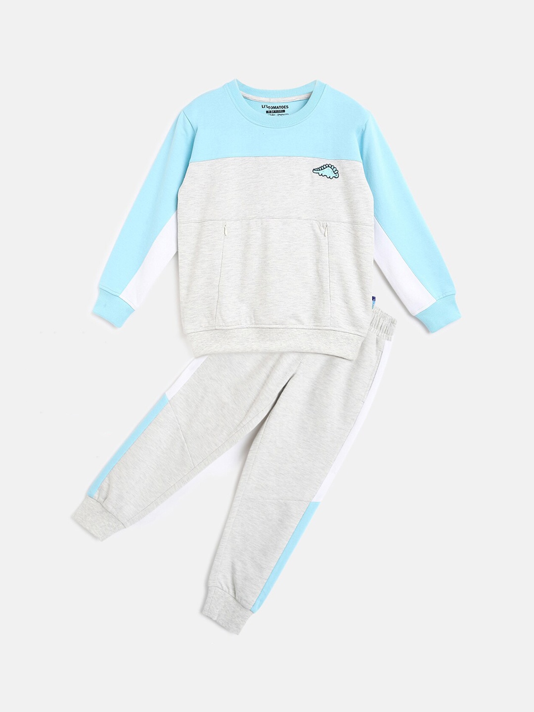 

Lil Tomatoes Boys Grey & White Colorblocked Pure Cotton Tracksuit