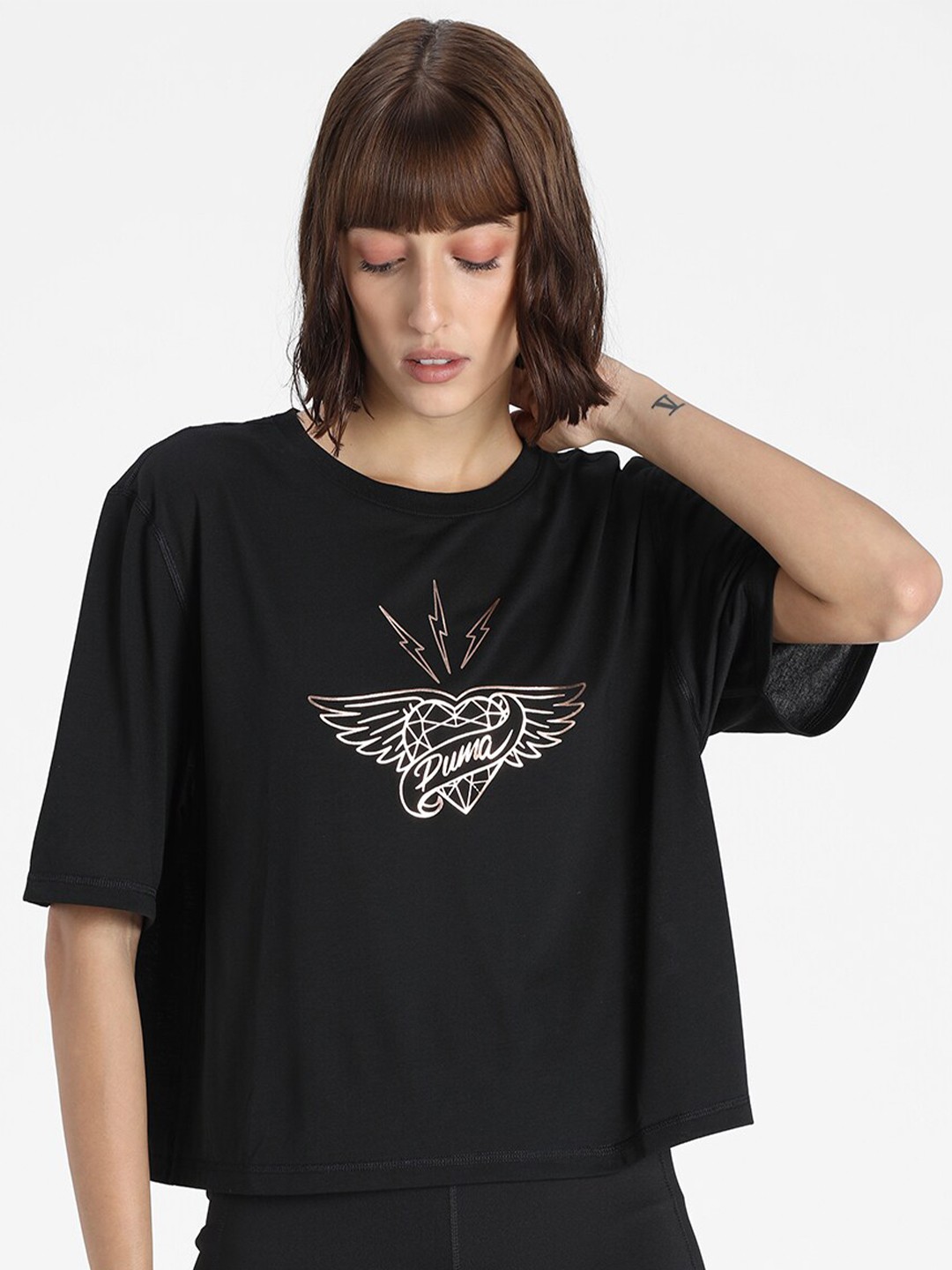 

Puma Women Black & Beige Performance Moto Printed Boxy T-shirt