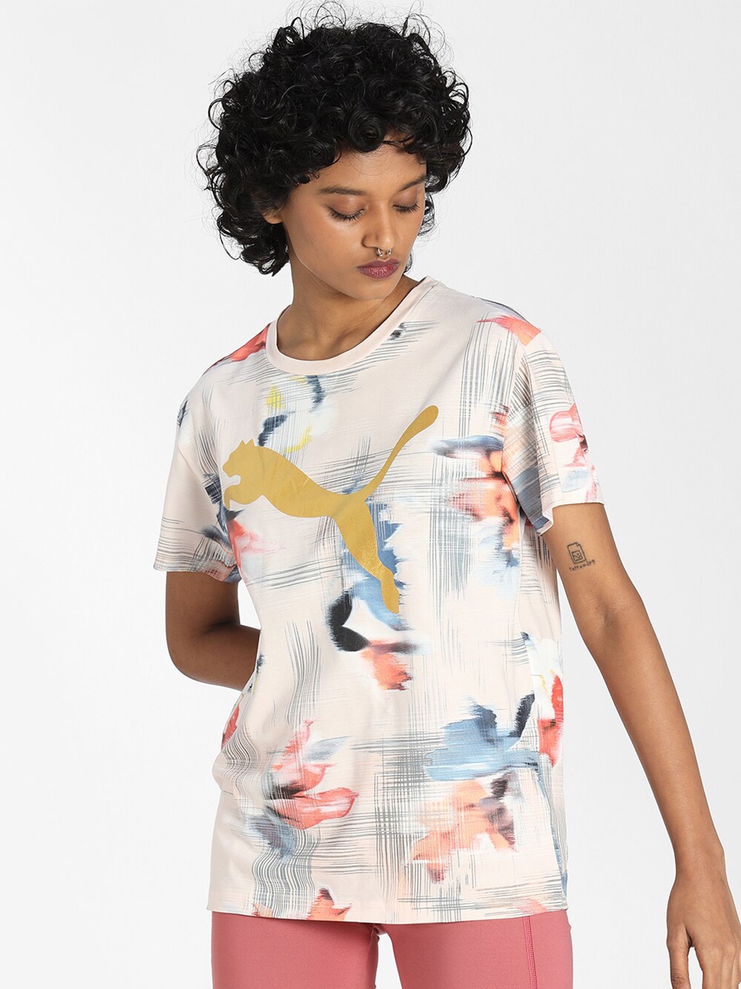

Puma Women Peach-Coloured & Cream-Coloured Printed T-shirt