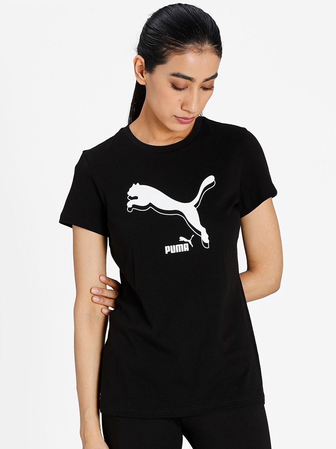 

Puma Women Black & White Brand Logo Print Regular Fit T-shirt