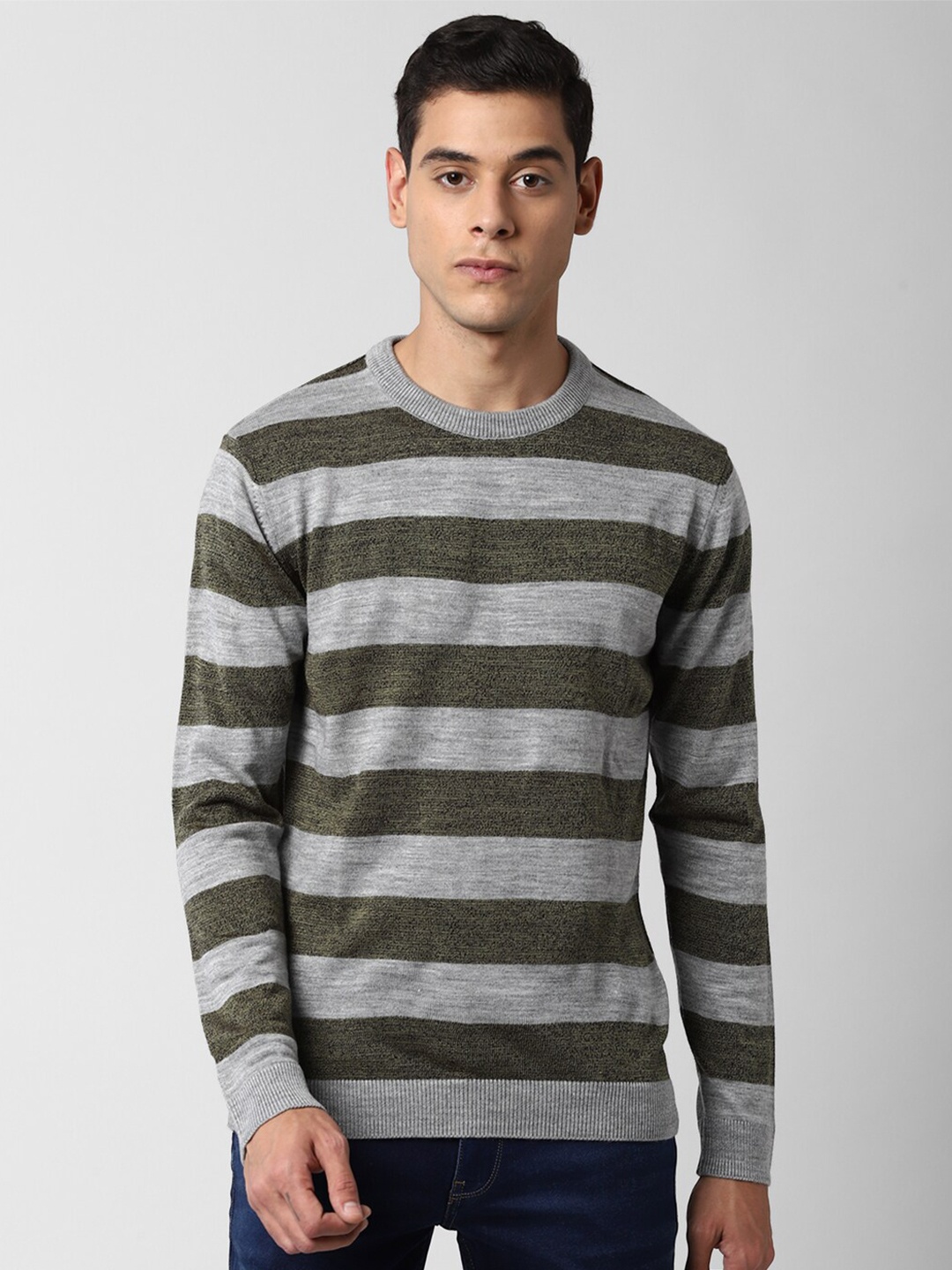 

Peter England Casuals Men Olive Green & Grey Striped Acrylic Pullover