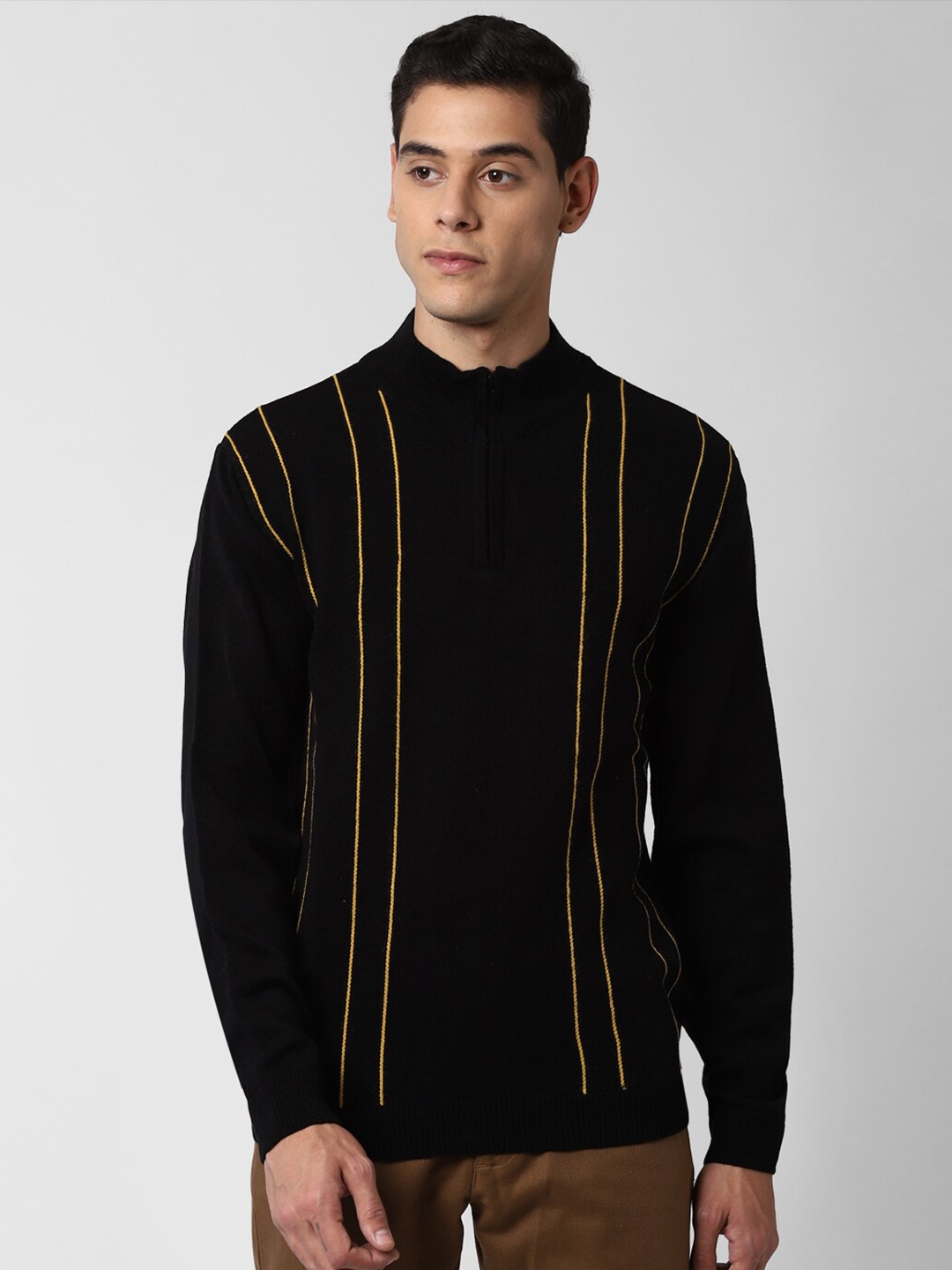 

Peter England Casuals Men Black & Yellow Striped Pullover
