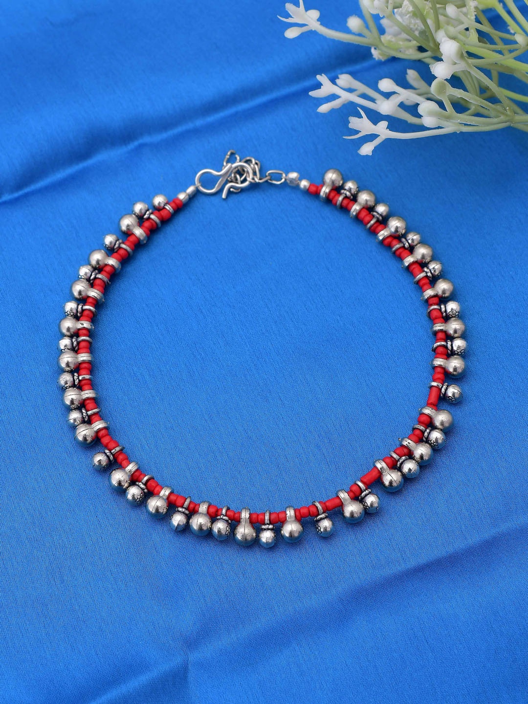 

Silvermerc Designs Silver-Plated Red Ghungroo Beaded Tribal Anklet