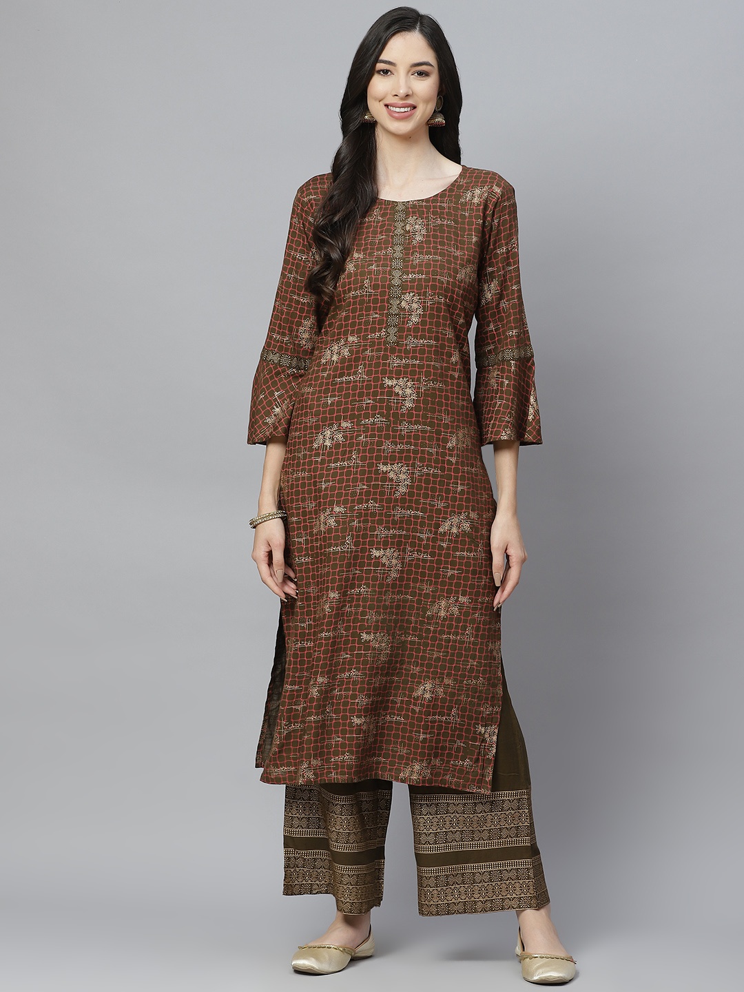 

aayusika Women Brown Ethnic Motifs Printed Regular Kurta with Palazzos