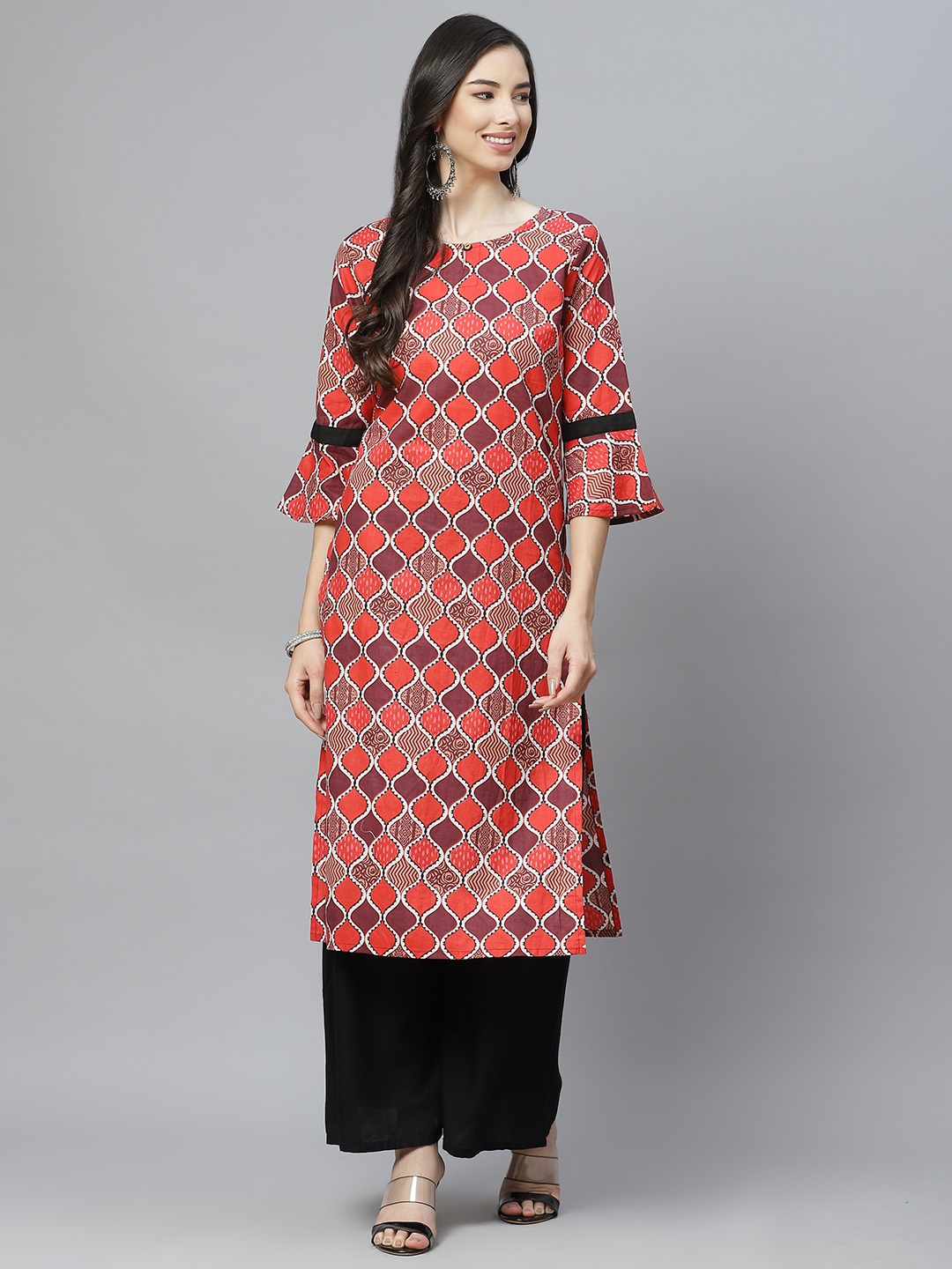 

aayusika Women Red & Pink Ethnic Motifs Printed Bell Sleeves Kurta