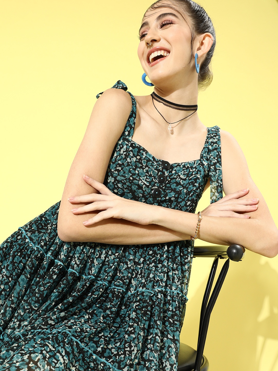 

QUIERO Women Stunning Blue Floral Trapeze Dress