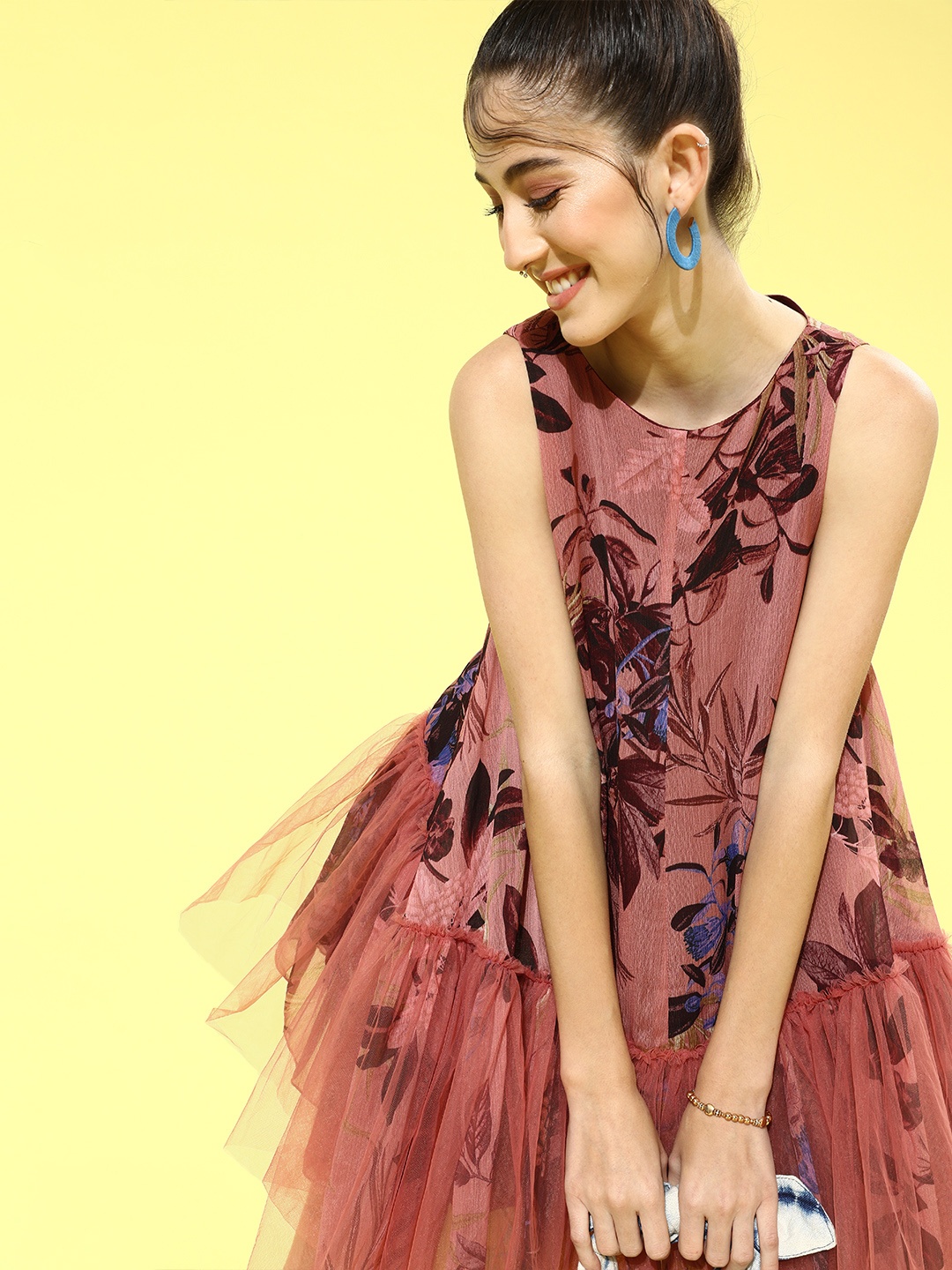 

QUIERO Women Attractive Taupe Floral Trapeze Dress