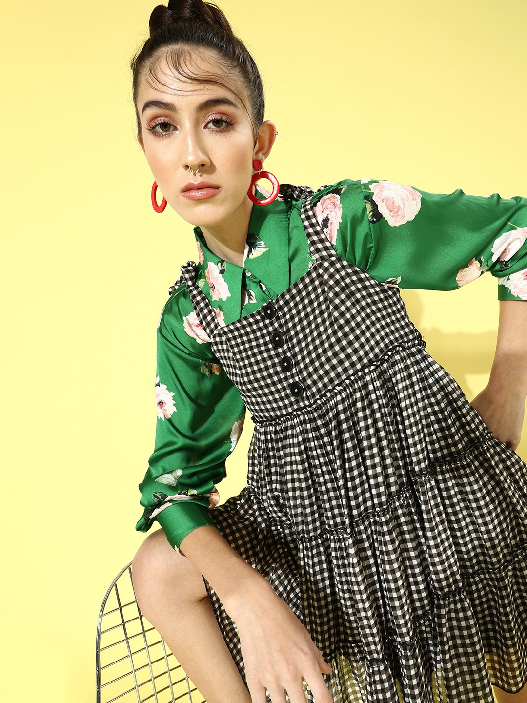

QUIERO Women Stylish Black Checked Trapeze Dress