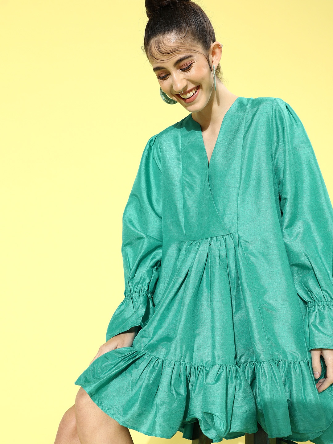 

QUIERO Women Stunning Turquoise Blue Solid Trapeze Dress
