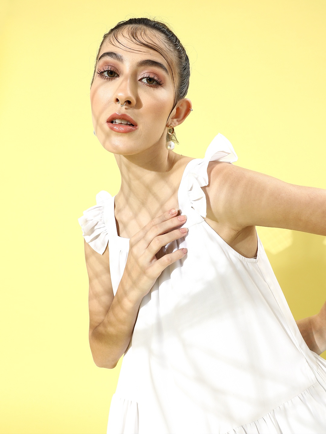 

QUIERO Women White Colourblocked Tiered Dress