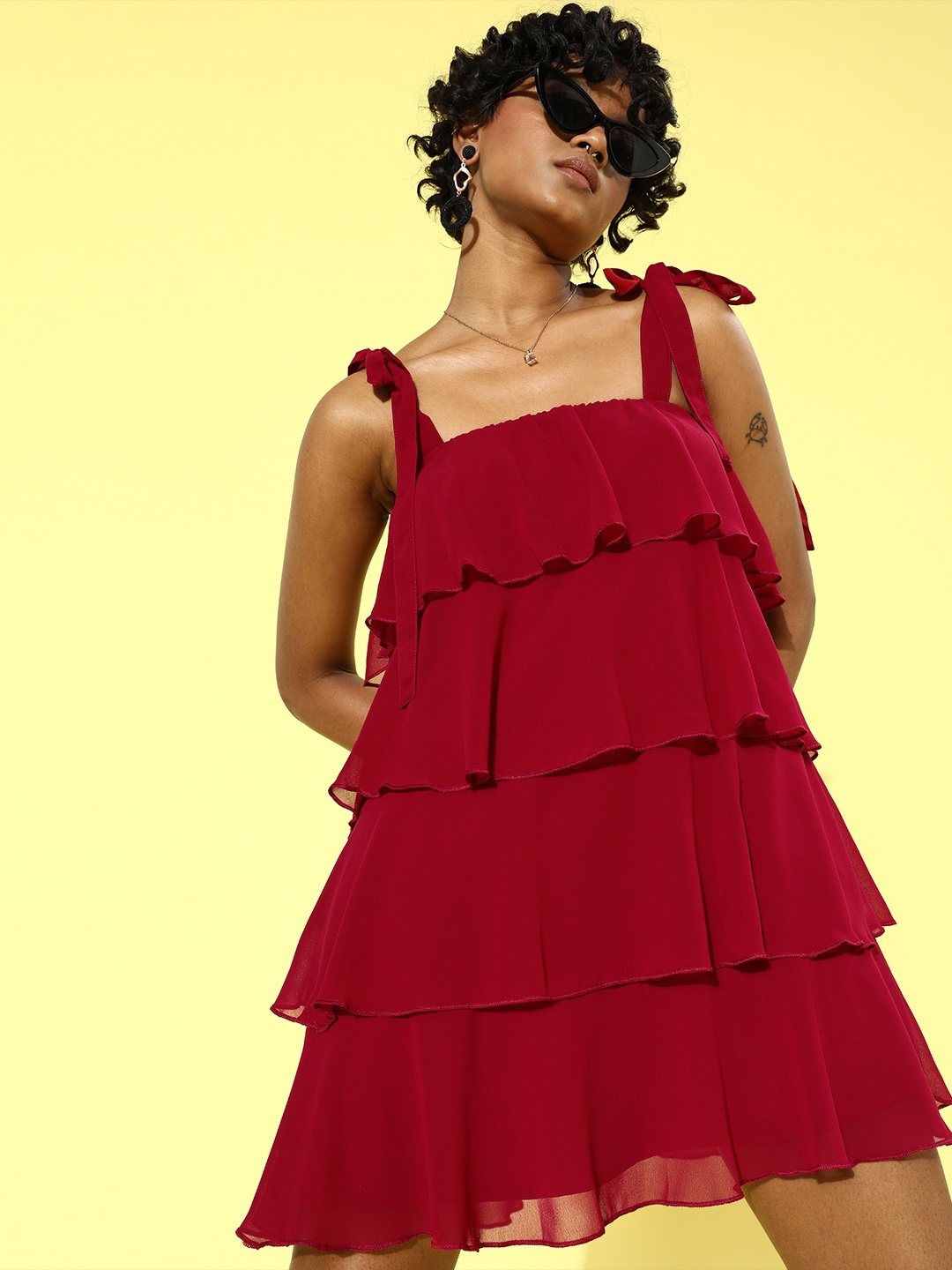 

QUIERO Women Gorgeous Red Solid Trapeze Dress