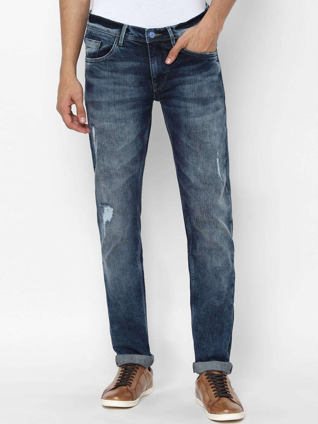 

Allen Solly Men Navy Blue Skinny Fit Mildly Distressed Heavy Fade Jeans