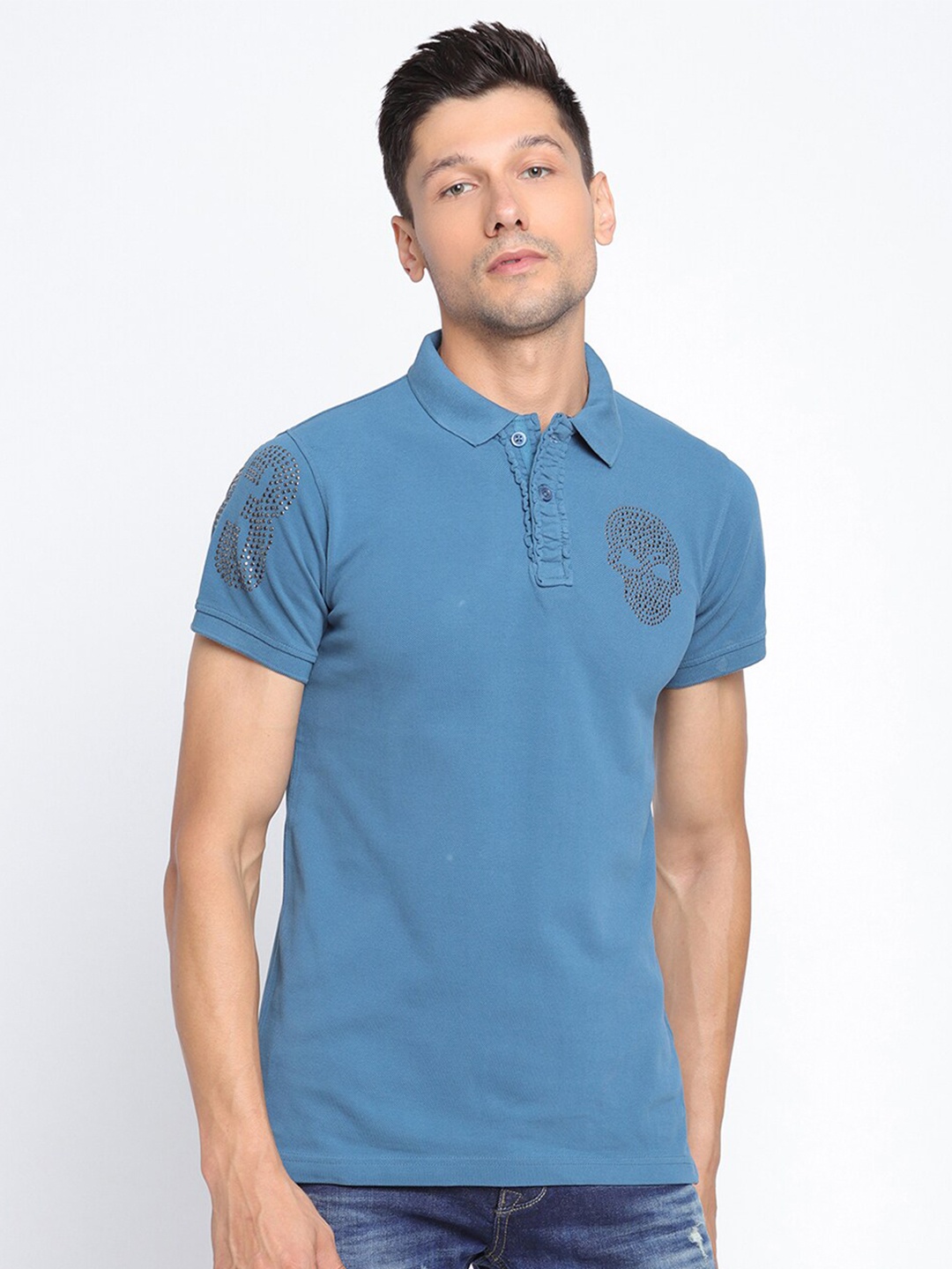 

PUNK Men Blue Polo Collar T-shirt
