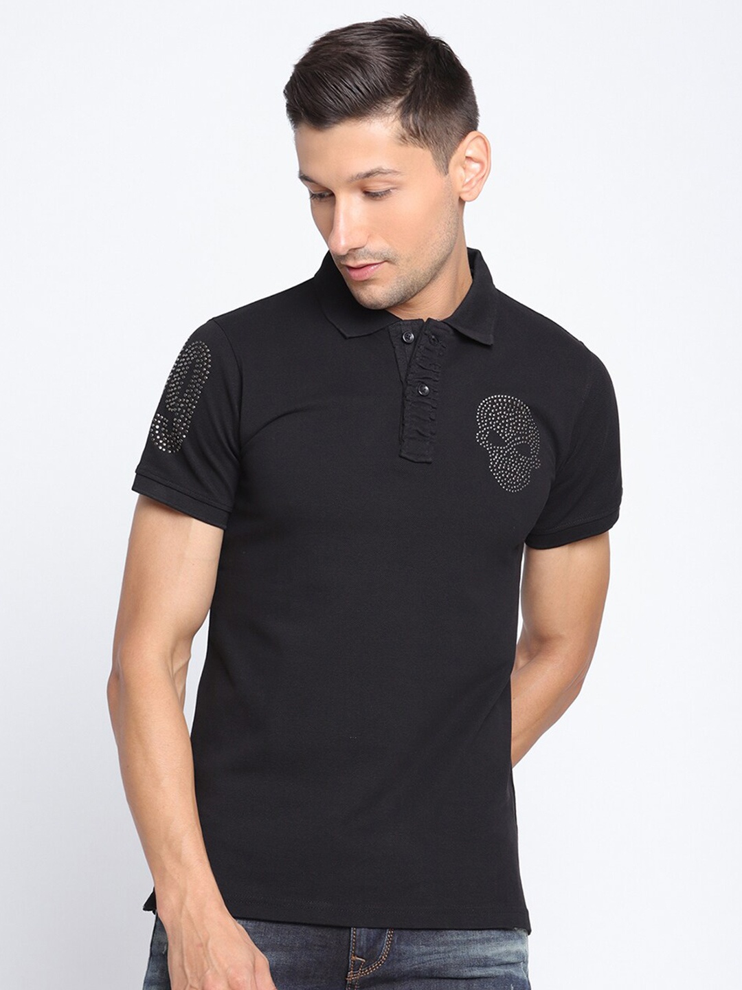 

PUNK Men Black & Off White Polo Collar T-shirt