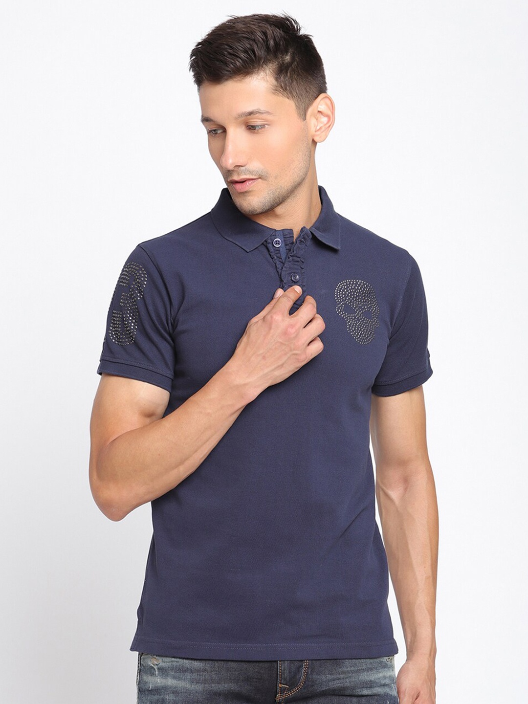 

PUNK Men Navy Blue Cotton Polo Collar T-shirt