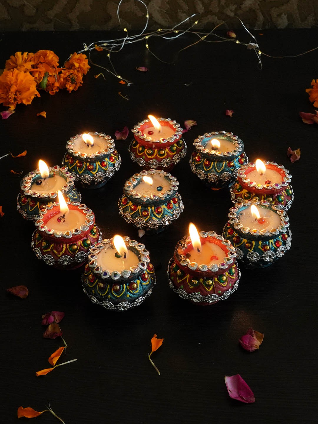 

TIED RIBBONS Set of 10 Handmade Wax Filled Terracotta Diwali Diyas Candle Holder, Multi