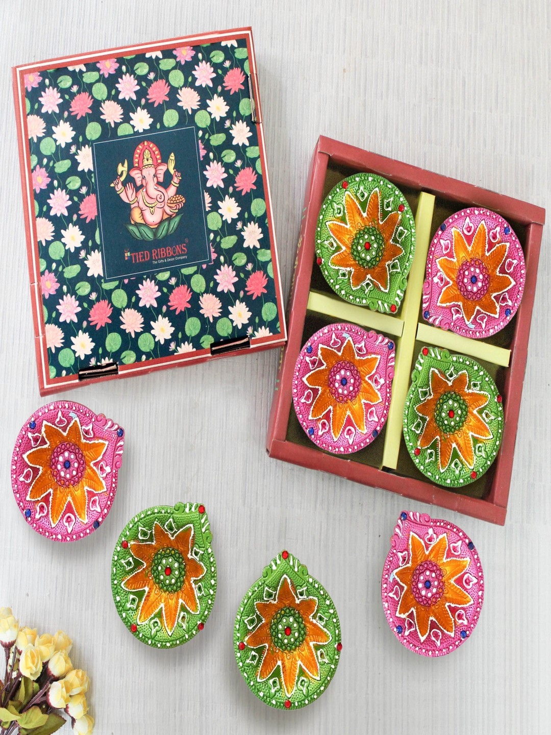

TIED RIBBONS Green & Pink Set of 8 Terracotta Clay Diwali Diyas