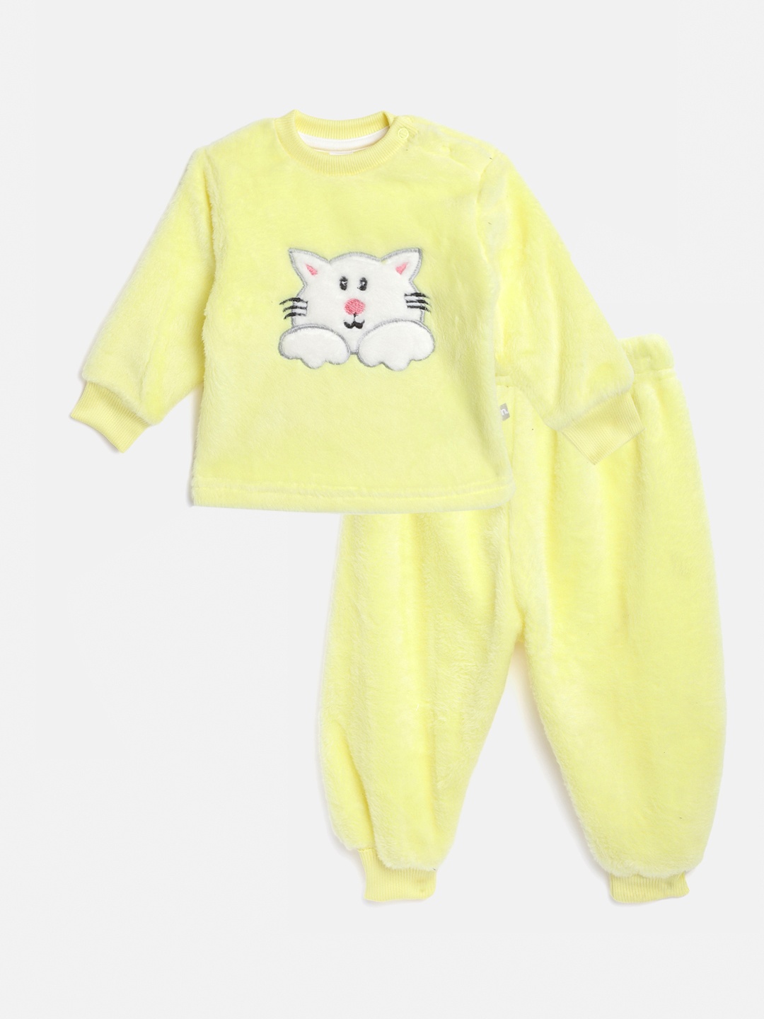 

Moms Love Infant Boys Yellow & White Cotton Solid Applique Sweatshirt with Pyjamas