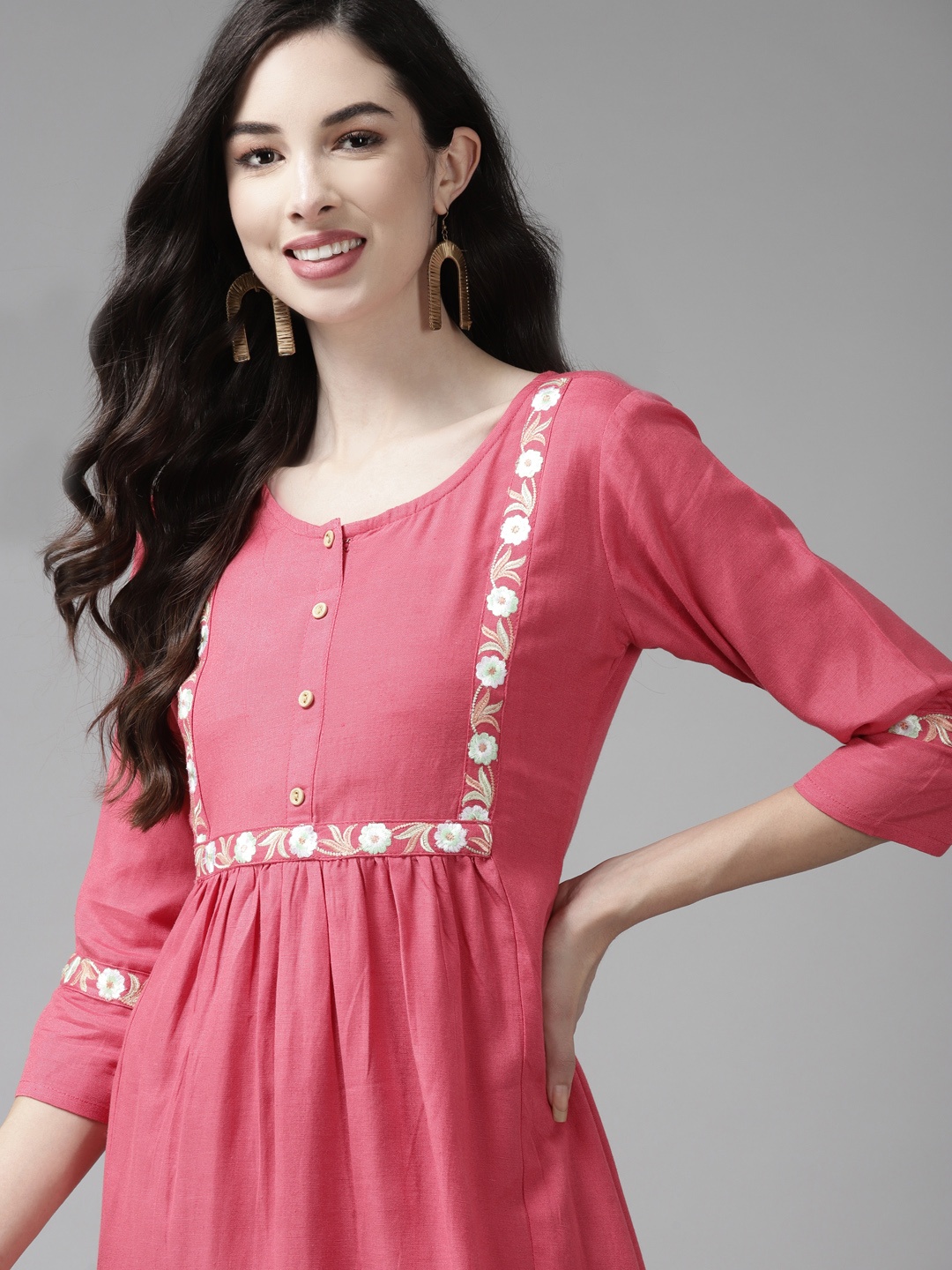 

Yufta Pink Floral Embroidered Pure Cotton Ethnic A-Line Dress
