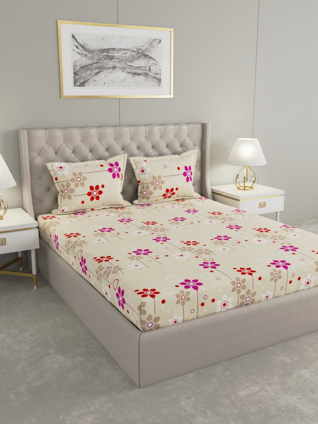 

Raymond Home Beige & Red Floral 104 TC Queen Cotton Bedsheet with 2 Pillow Covers