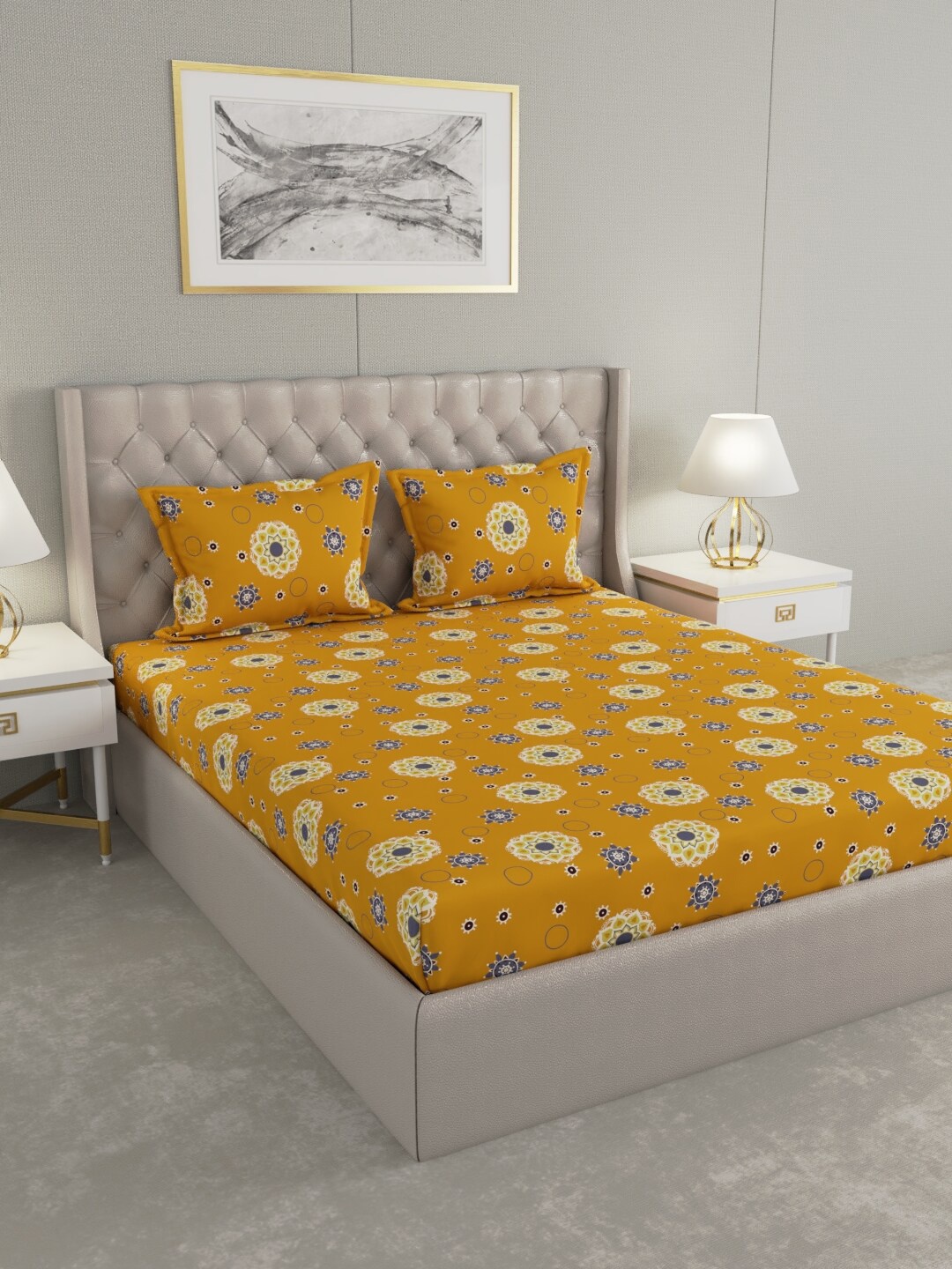 

Raymond Home Yellow & Blue Ethnic Motifs 104 TC Queen Bedsheet with 2 Pillow Covers