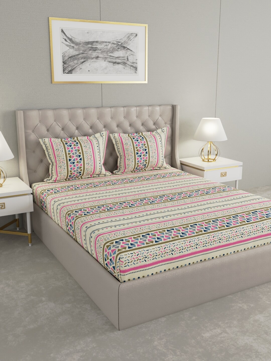 

Raymond Home Multicoloured Geometric 104 TC Queen Cotton Bedsheet with 2 Pillow Covers, Multi