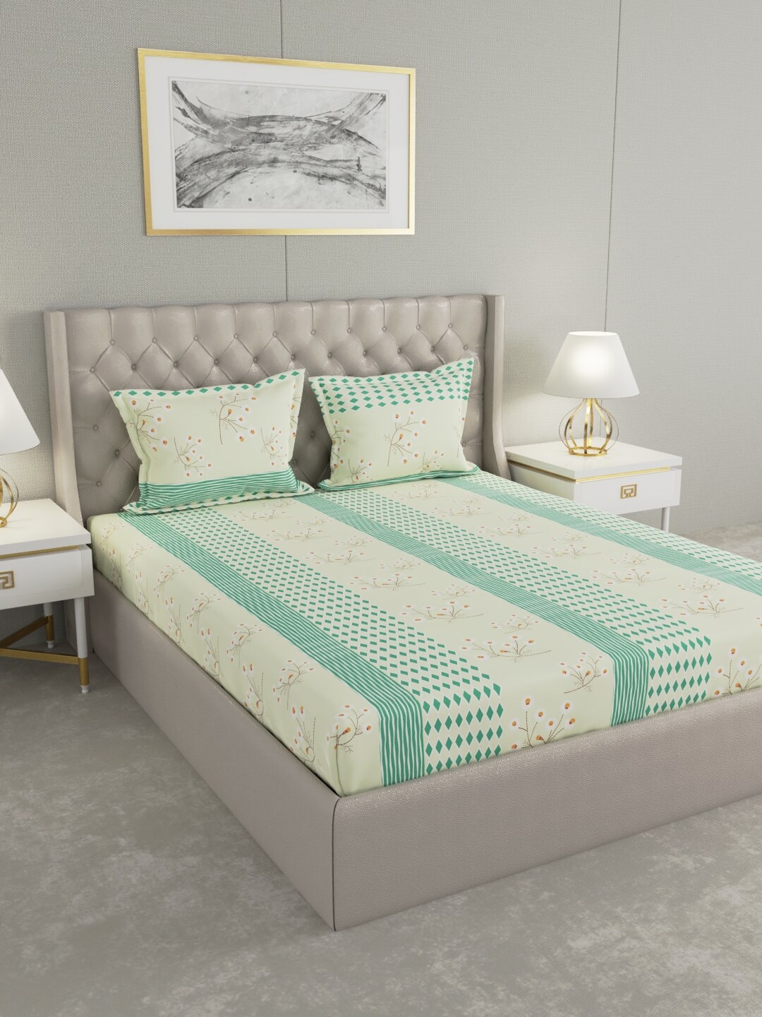 

Raymond Home Green & White Floral 104 TC Queen Bedsheet with 2 Pillow Covers