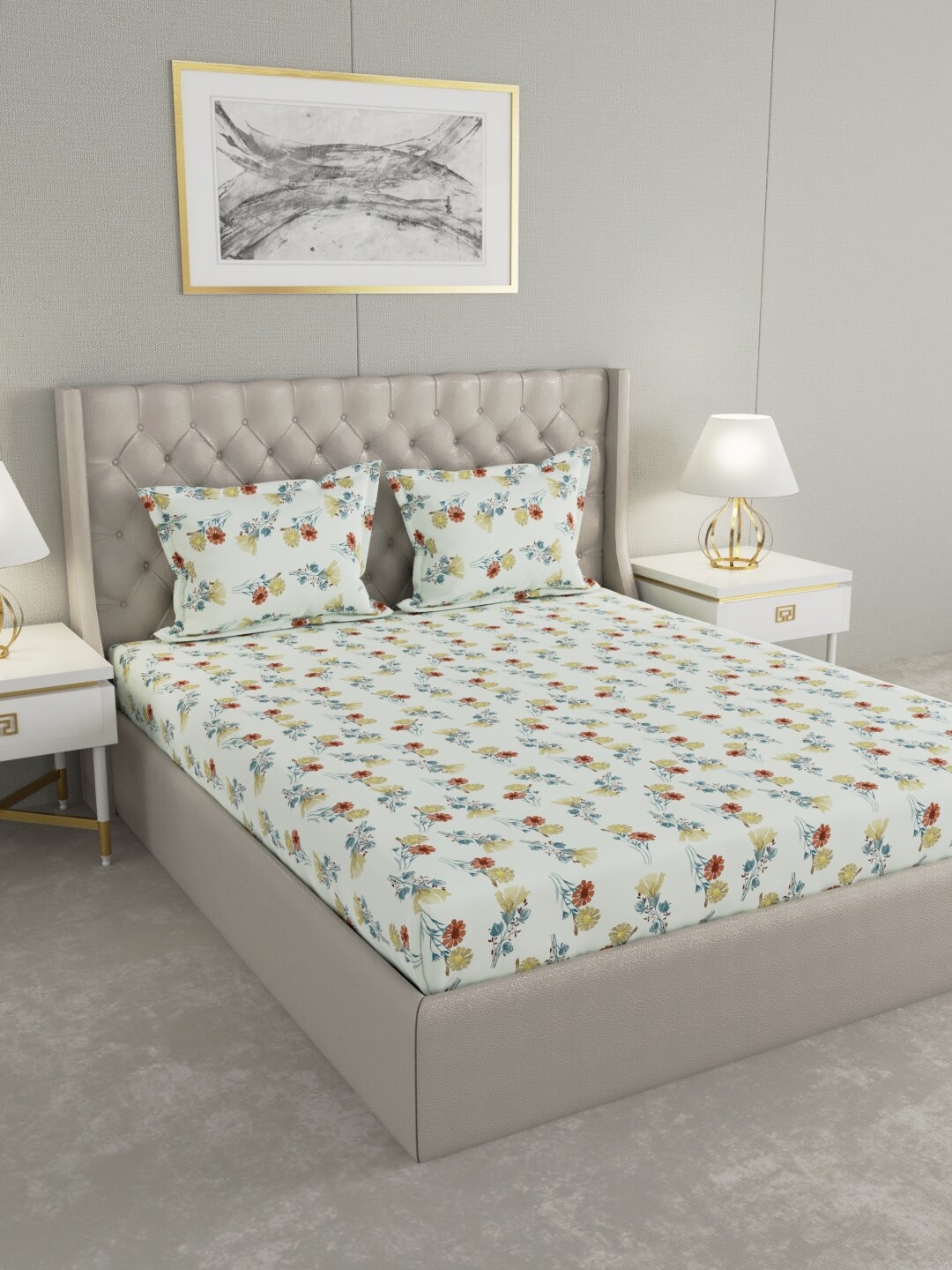 

Raymond Home White & Maroon Floral 104 TC Queen Bedsheet with 2 Pillow Covers