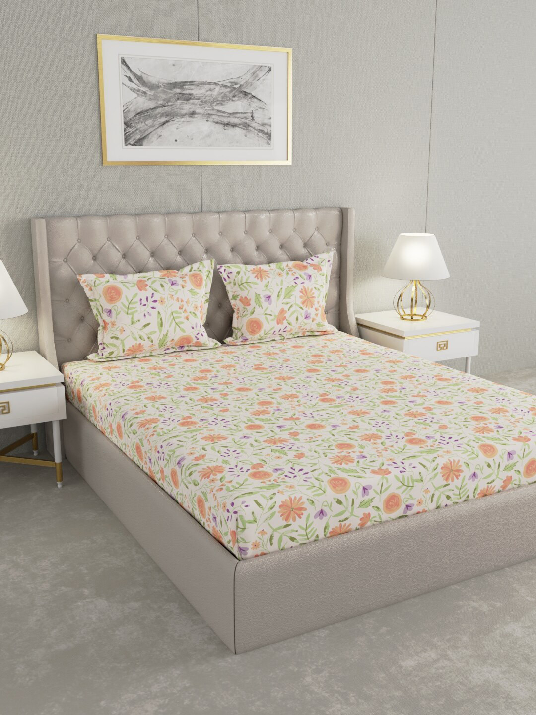 

Raymond Home White & Orange Floral 104 TC Queen Bedsheet with 2 Pillow Covers