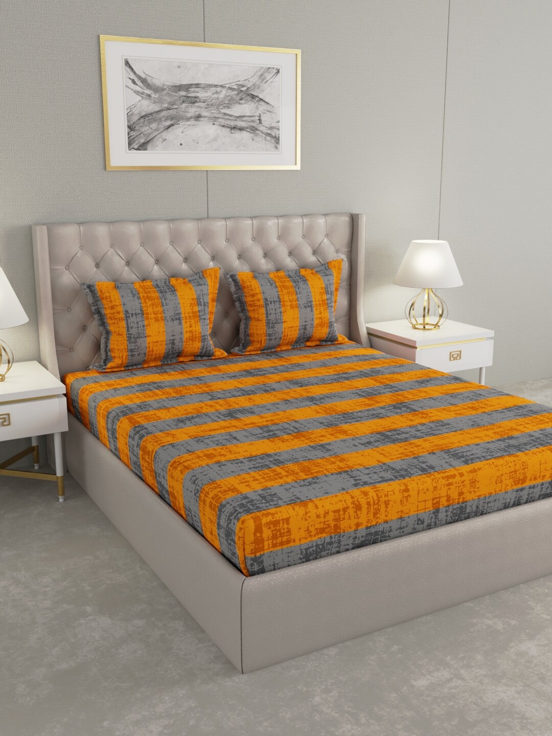 

Raymond Home Orange & Grey Striped 104 TC Queen Bedsheet with 2 Pillow Covers