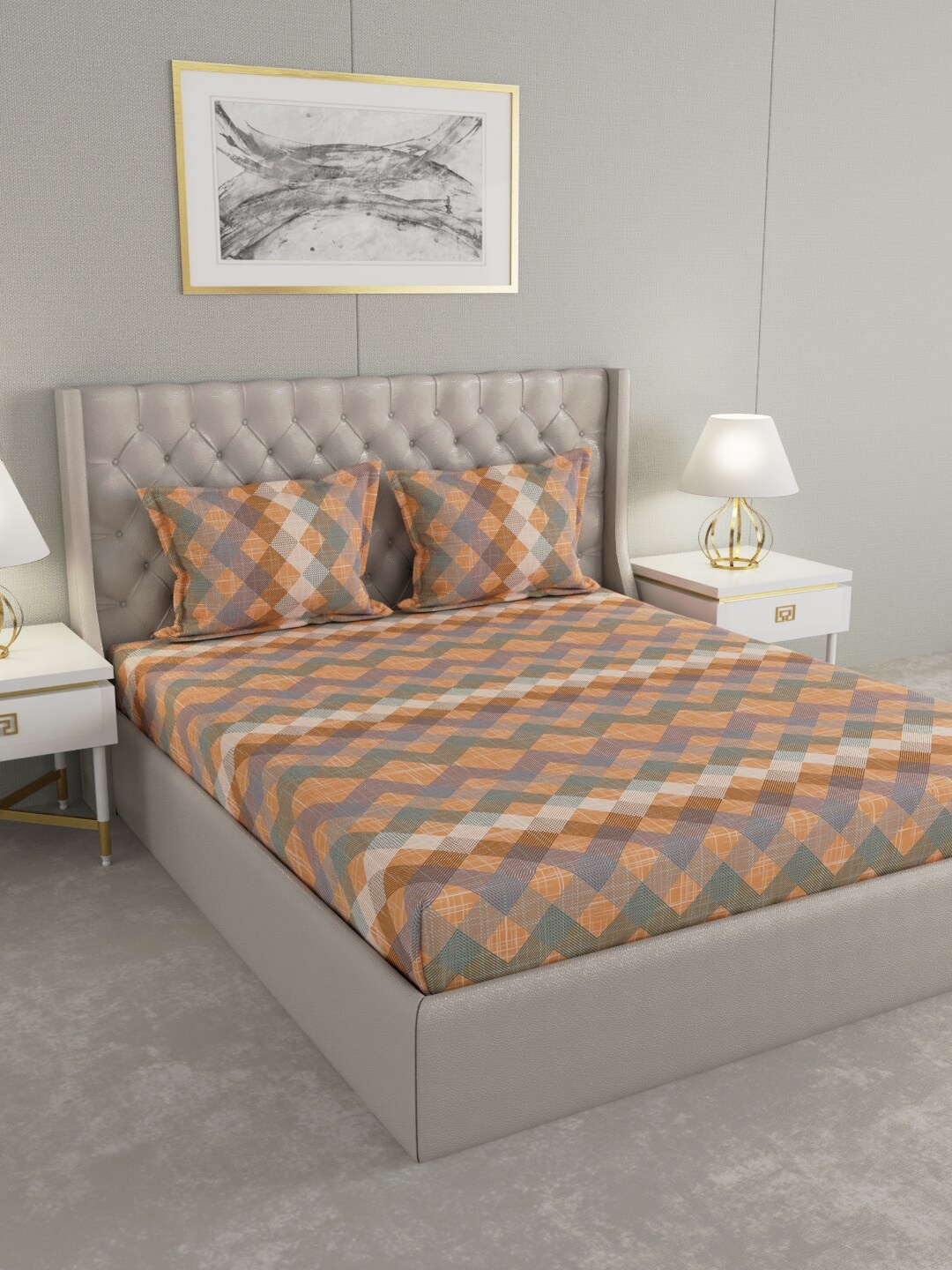 

Raymond Home Orange & Grey Geometric 104 TC Queen Cotton Bedsheet with 2 Pillow Covers