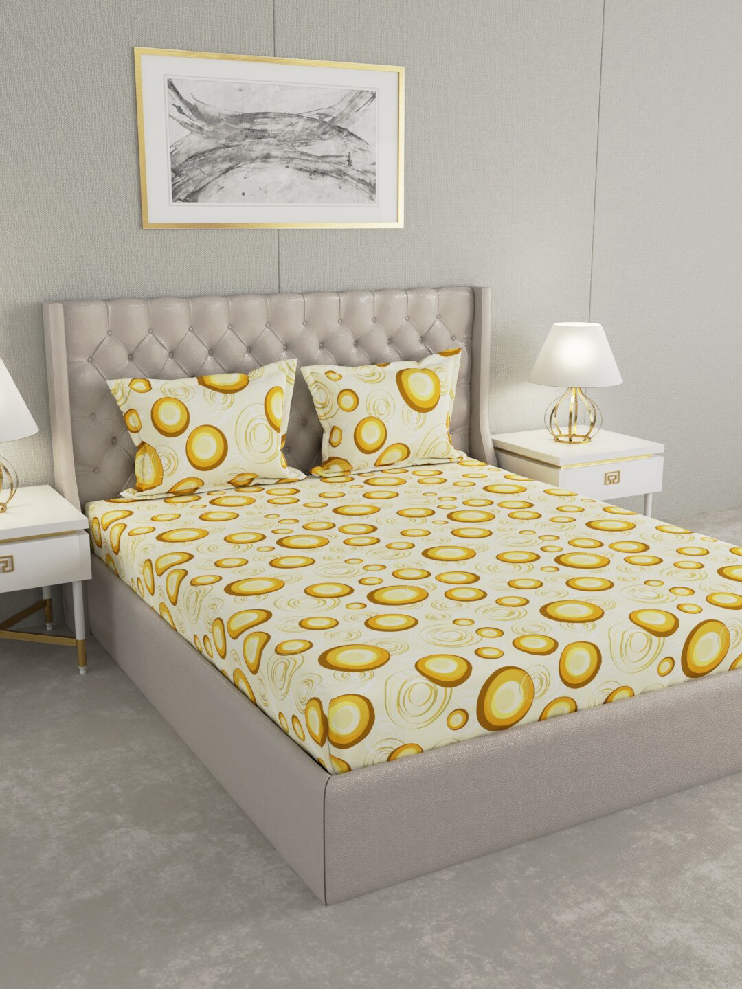 

Raymond Home Yellow & White Geometric 104 TC Queen Bedsheet with 2 Pillow Covers