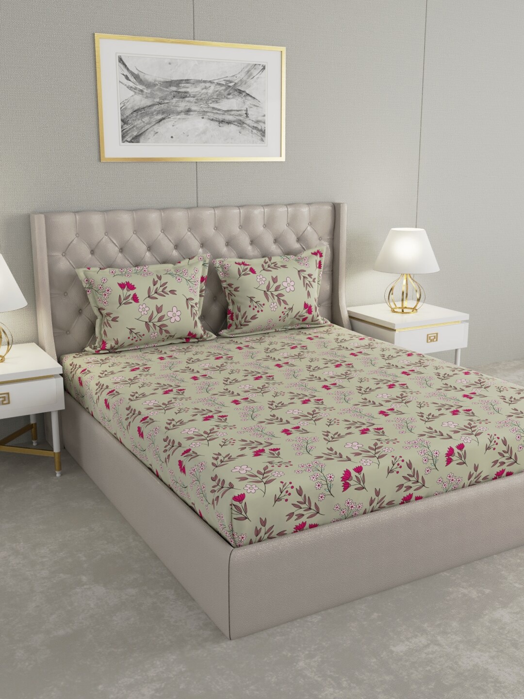 

Raymond Home Grey & Fuchsia Floral 104 TC Queen Bedsheet with 2 Pillow Covers