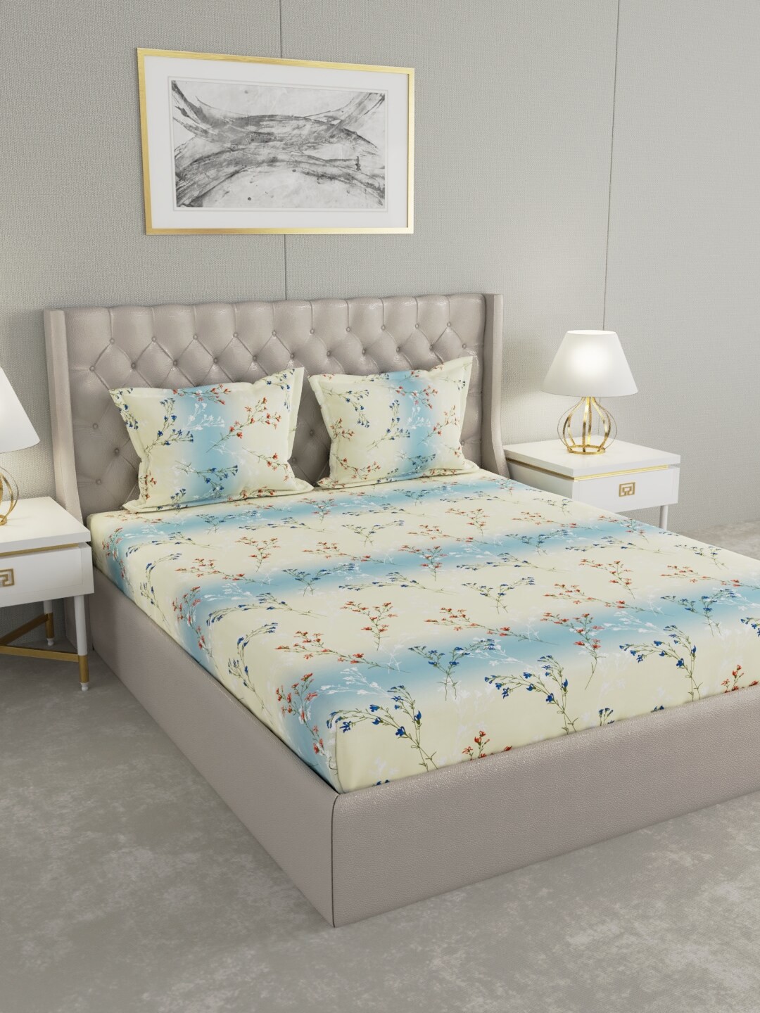 

Raymond Home Cream-Coloured & Blue Floral 104 TC Queen Bedsheet with 2 Pillow Covers