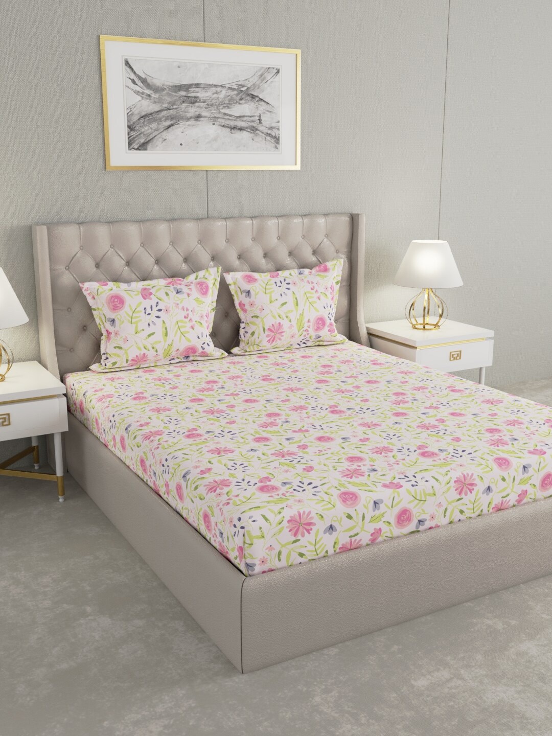 

Raymond Home White & Pink Floral 104 TC Queen Bedsheet with 2 Pillow Covers