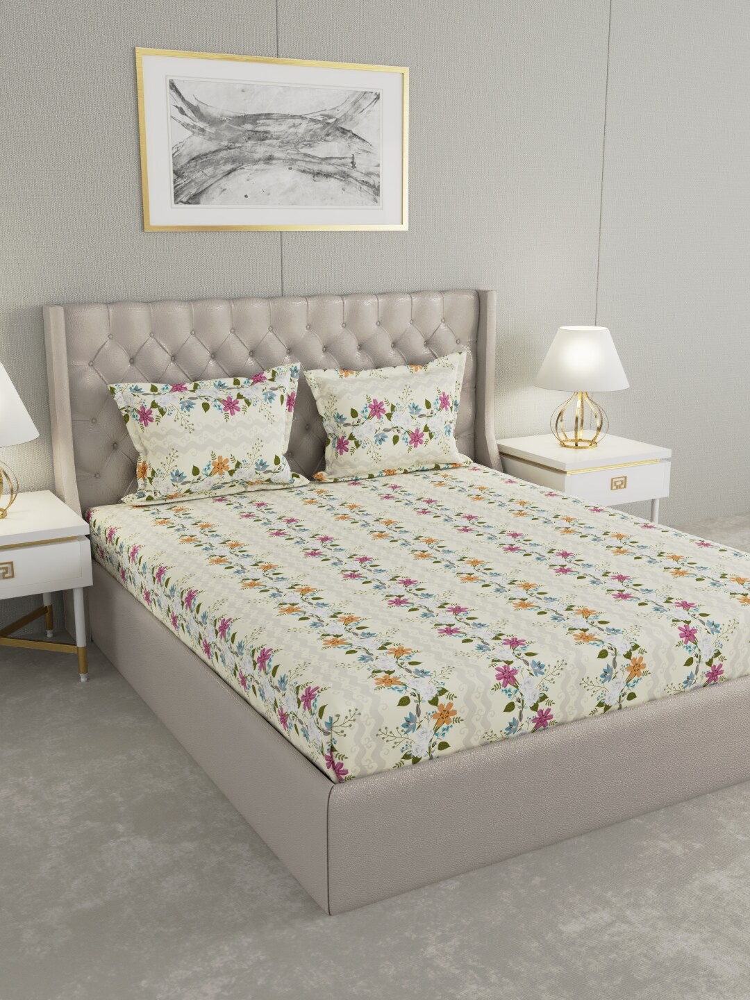 

Raymond Home White & Multicoloured Floral 104 TC Queen Bedsheet with 2 Pillow Covers